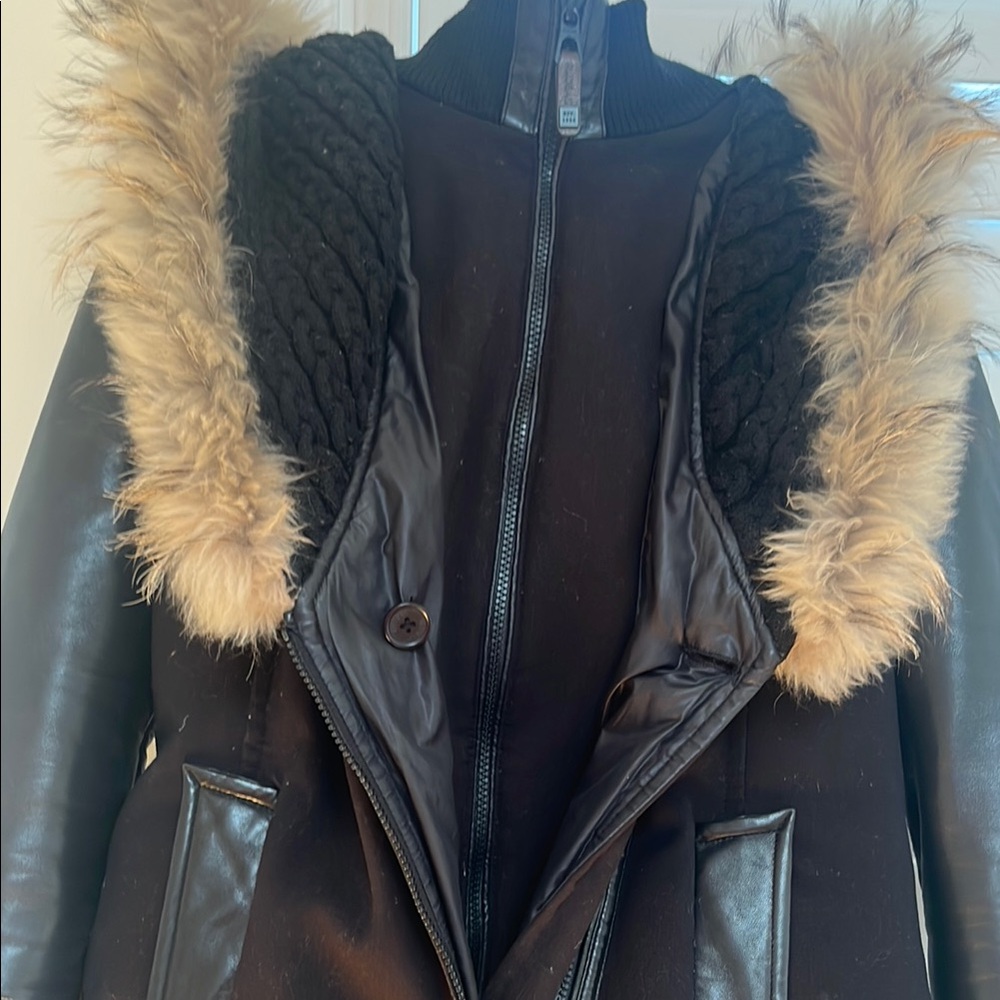 RUDSAK Suzy Women's Brown Real Fur Trim Jacket and Leather Sleeves